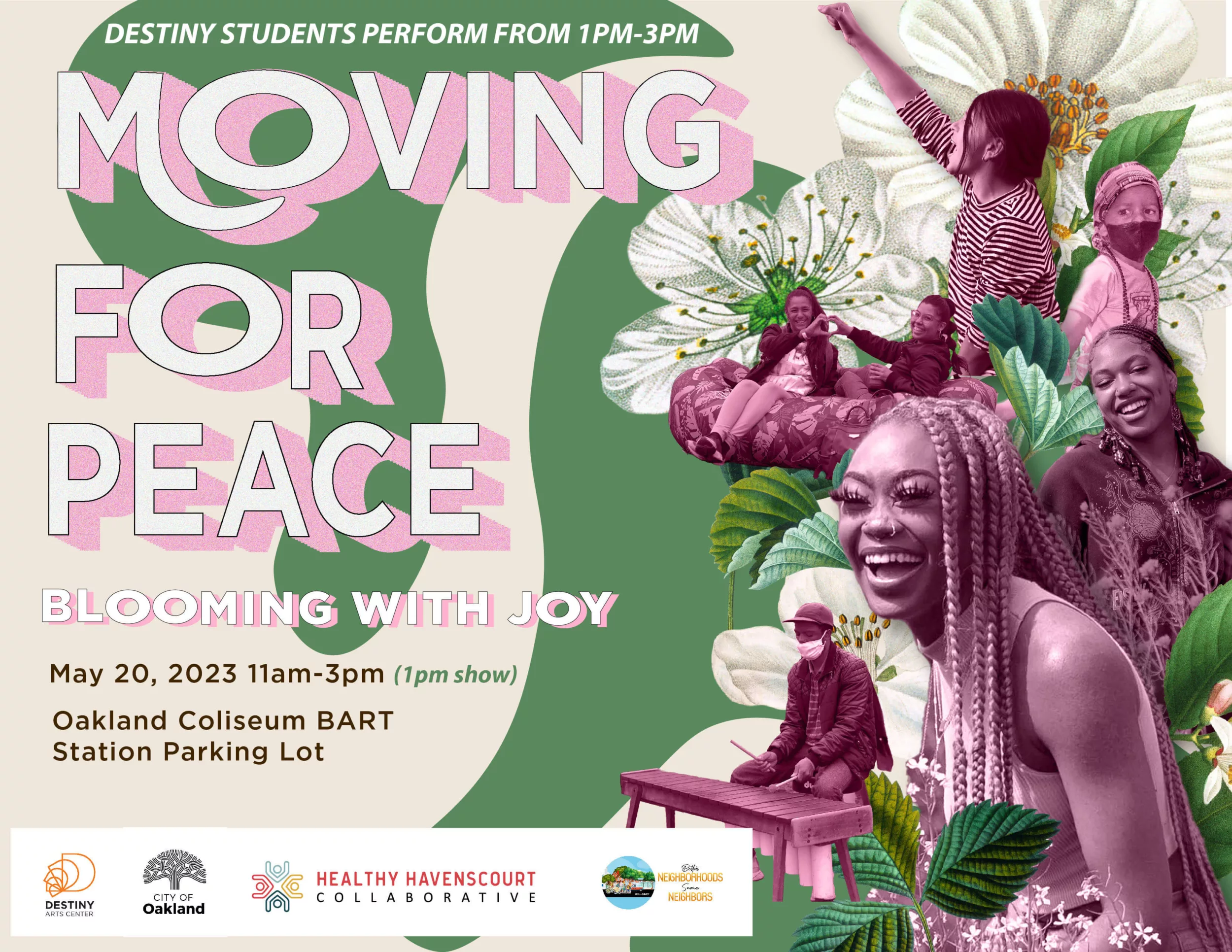 moving for peace flyer with collage of people smiling, laughing, playing music, forming a heart with their hands